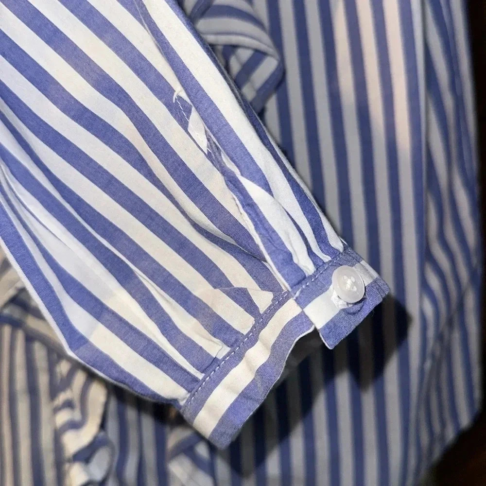 MADEWELL Whitney Striped Ruffle Top Blouse Blue / White XS Button Down Long Slv - Picture 5 of 8